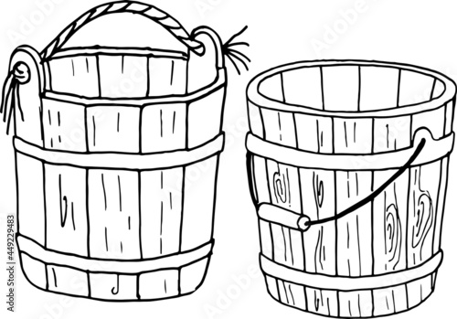 A set of two wooden buckets. Drawing with a line.