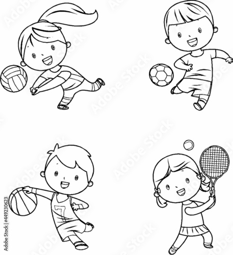 child playing sports - volleyball, football, soccer, basketball, tennis