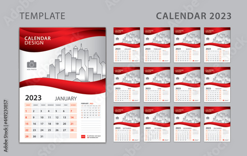 Calendar 2023 template, Wall calendar 2023 year. Set Desk Calendar design with Place for Photo and Company Logo. Week Starts on Sunday. Set of 12 Months. creative calendar design, calendar date
