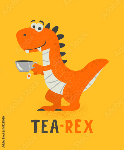 Vector Cute and Funny Cartoon Hand Drawn Dinosaur Drinking Hot Tea Beverage, Holding Cup of Tea. Kids, Children s Illustration, Print