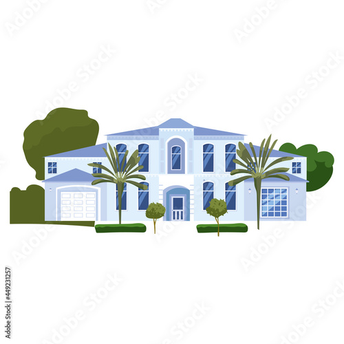 Mansion Residential Home Building, tropic trees, palms. House exterior facades front view architecture family modern contemporary cottage house or apartments, villa. Suburban property