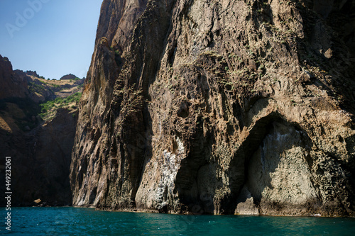 view of the extinct volcano karadag from the sea in the crimea close-up photo