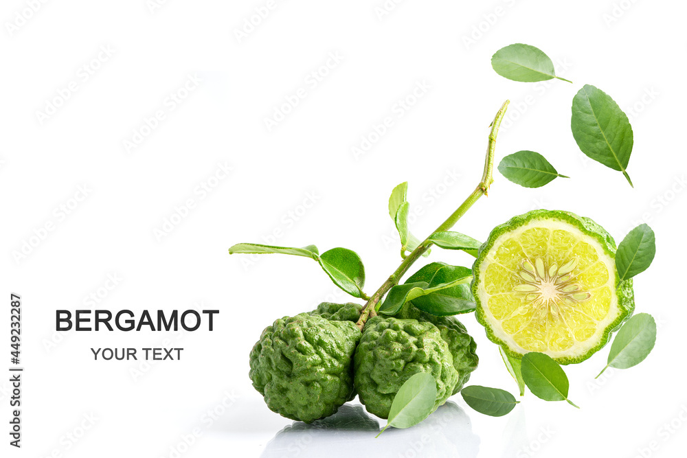 Fresh bergamot fruit or kaffir lime with cut in half on white background with copy space. - obrazy, fototapety, plakaty 