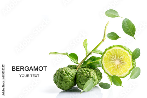 Fresh bergamot fruit or kaffir lime with cut in half on white background with copy space. photo