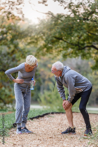 Senior couple jogging in the park taking a break. Man is having a knee injury
