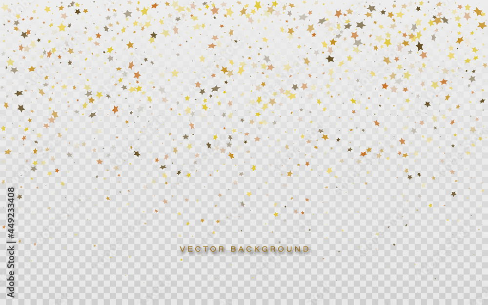 Gold confetti from random gold stars on a transparent background. Vector illustration.