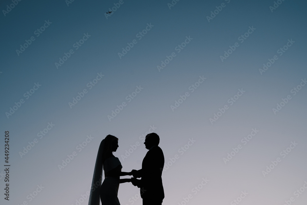 Silhouettes of the bride and groom stand on the background of the sunset sky