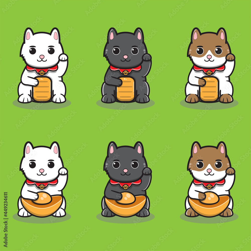 Vector illustration of cute japanese lucky cats. Maneki neko. Lucky cat character vector design. Lucky cat character with gold. Cute cat illustration vector.