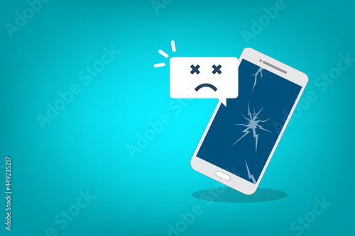Broken smartphone with sad smile. Broken phone service, recovery and repair concept.	
