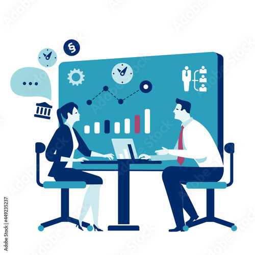 Interview. Presentation, conversation. Leader talks with new employee. Business illustration. 