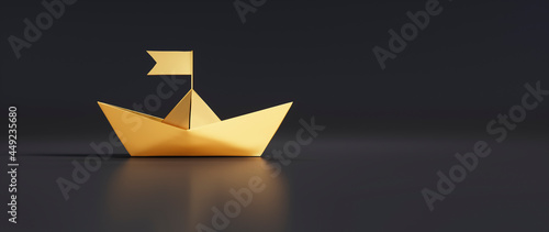 Quadro su tela Single golden paper boat on black background with copy space