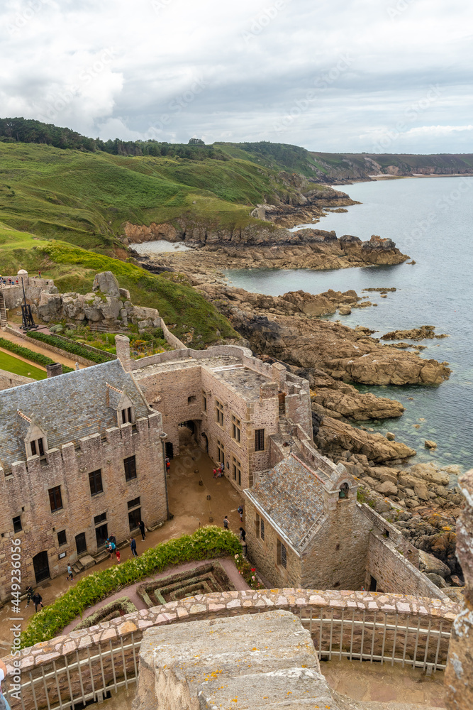 Aerial view of Fort-la-Latte by the sea at Cape Frehel and near Saint-Malo, Plevenon peninsula, French Brittany. France