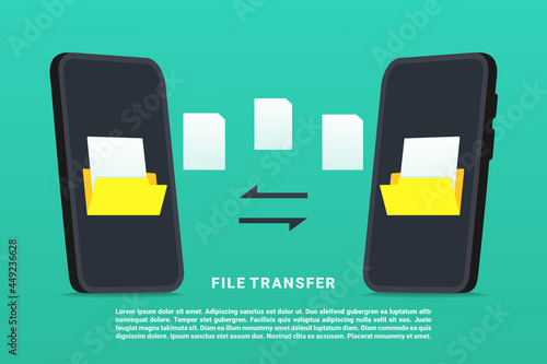 File transfer between two mobile phone. Copy document, exchange data concept. Illustration vector 