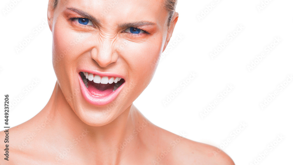 Close up portrait of amazing blue eyed beautiful fashion woman saying yeah - isolated on white. Close up portrait of amazing blue eyed beautiful fashion woman saying yeah - isolated on white.