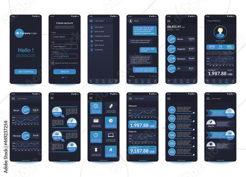 Design of mobile app Cryptocurrency wallet, Chat room, UI, UX, GUI. Set. User registration screens with login and password input, account sign in, sign up, home page. Template Application. UI Design