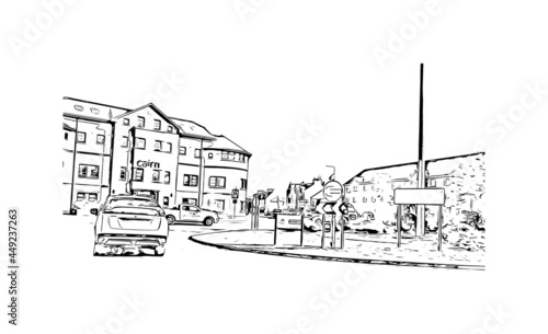 Building view with landmark of Inverness is the city in Scotland. Hand drawn sketch illustration in vector.