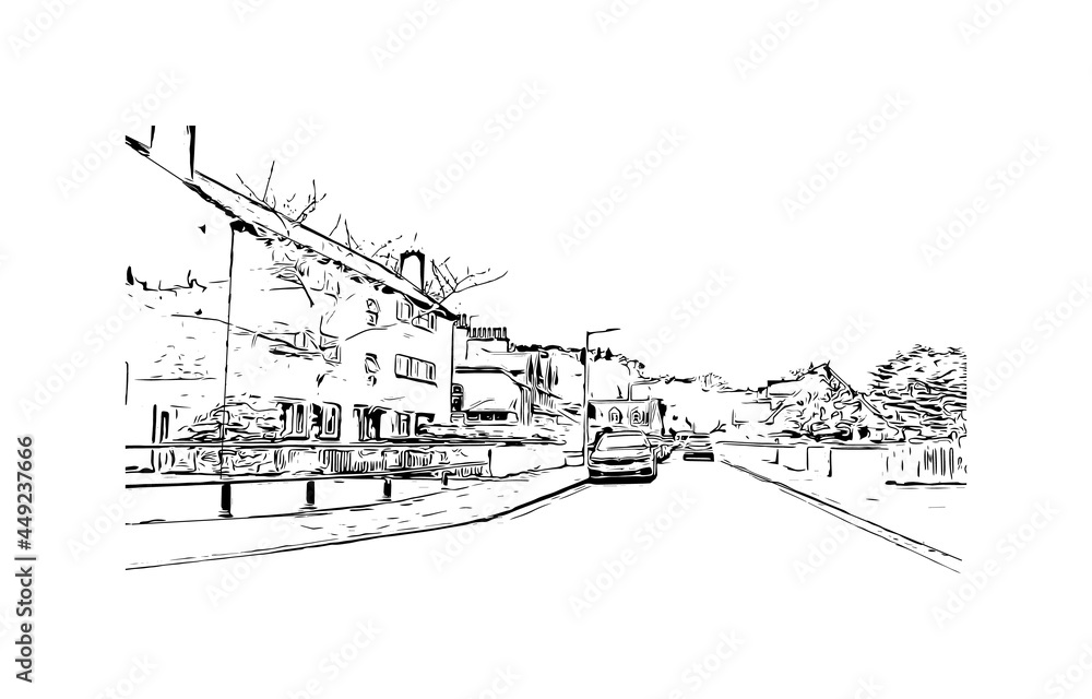 Building view with landmark of Inverness is the 
city in Scotland. Hand drawn sketch illustration in vector.