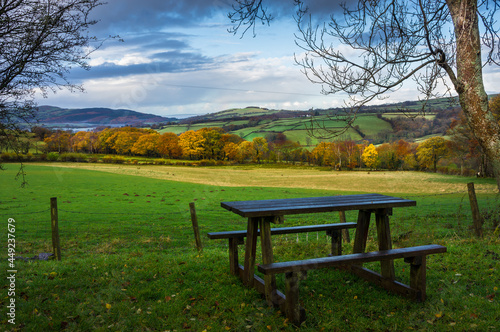 Wooden picnic table in the autumn forest. Llandeusant, Wales 