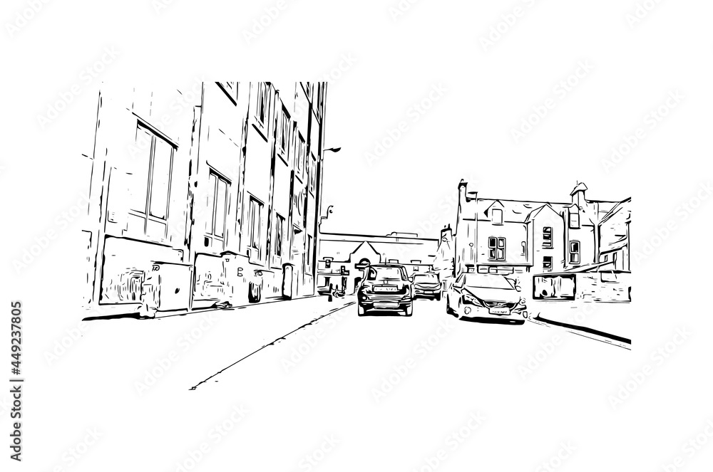 Building view with landmark of Inverness is the 
city in Scotland. Hand drawn sketch illustration in vector.