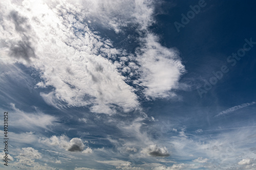 Summer Blue Sky and white cloud white background. Beautiful clear cloudy in sunlight calm season. 