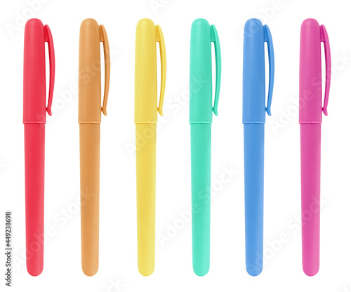 Multi colored pen set with cap isolated on a white background