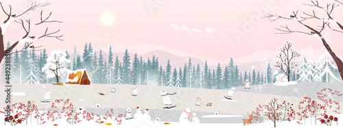 Winter wonderland landscape card with misty pine trees, cute polar bear playing ice skating on hills,Vector illustration banner of peaceful natural for Merry Christmas,New Year background 2022