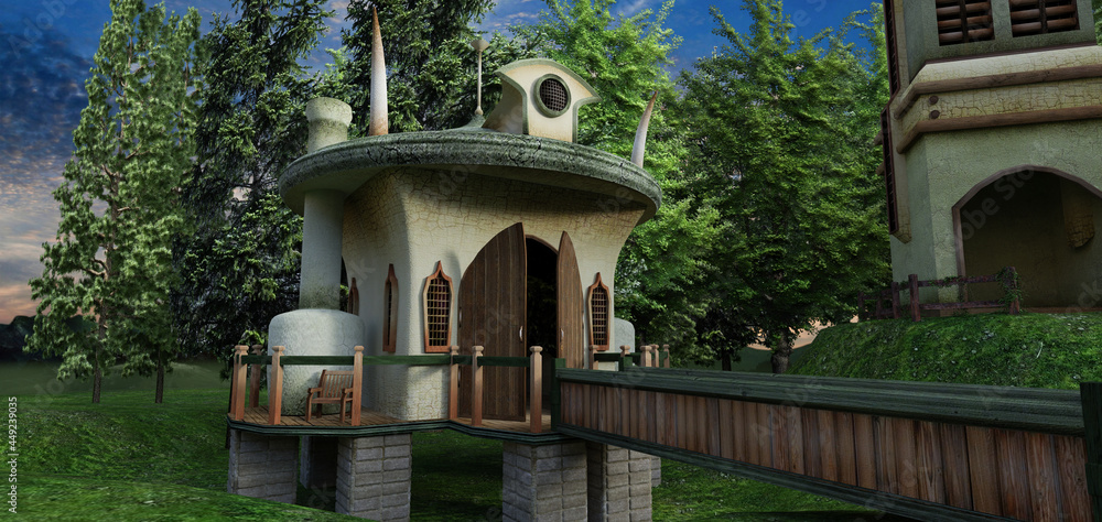 Fairytale villas by elves. Template for background a collage. 3d illustration, 3D rendering.