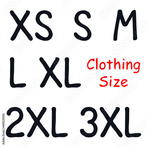 Clothing size doodle logo icon sign Alphabet letter xs s m l xl 2xl 3xl symbol Hand drawn design Cartoon style Fashion print clothes apparel greeting invitation card cover flyer ad banner badge label photo