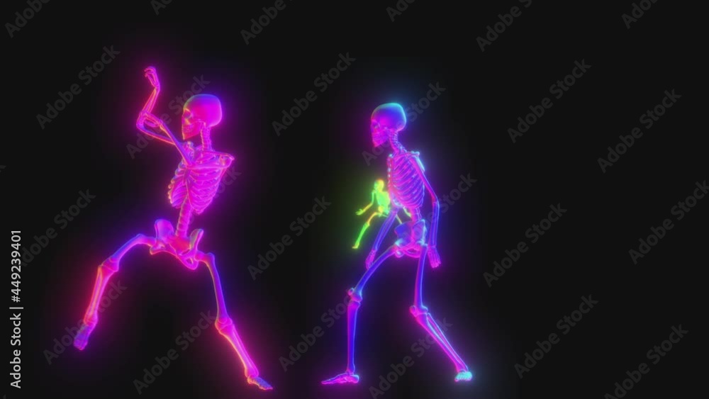 Seamless animation of glowing skeletons dancing thriller. Funny halloween background  with neon flare.