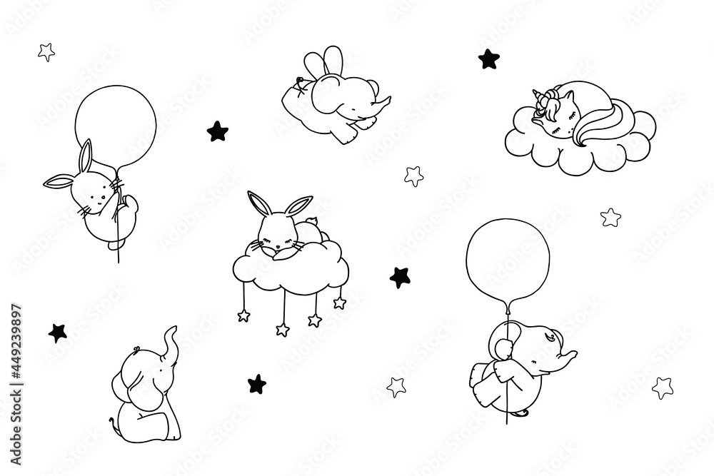 Baby shower elements outlines. Classic and universal basis on white background