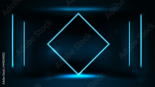 Neon blue diamond-shaped frame with line neon lamp on wall in dark room on blurred background