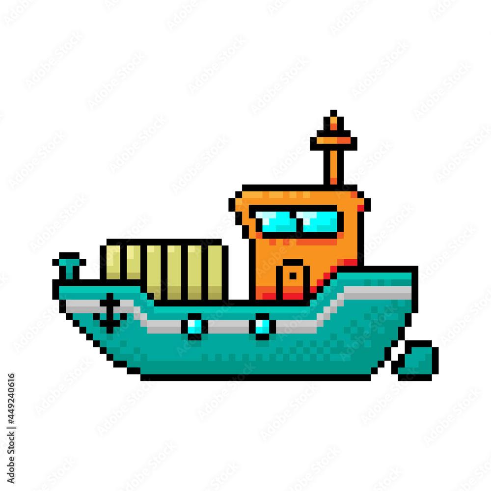 Pixel ship icon. Colored contour linear silhouette. Side view. Vector simple flat graphic illustration. The isolated object on a white background. Isolate.