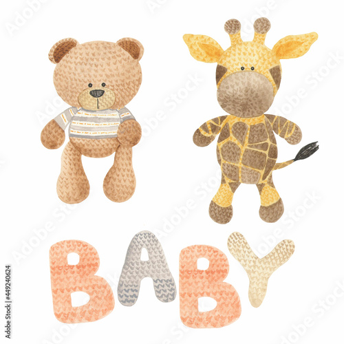 Watercolor illustration of teddy bear and giraffe knitted toys. Perfect for printing, web, textile design, scrapbooking, souvenir products.