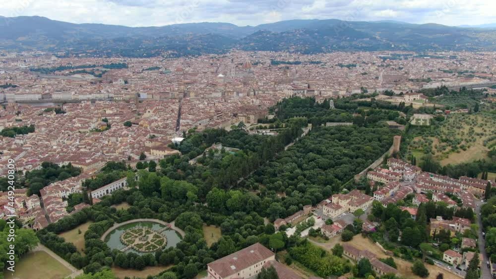 Flying over Boboli gardens in Florence, Tuscany, Italy, Europe Flying over Boboli gardens in Florence, Tuscany, Italy, Europe