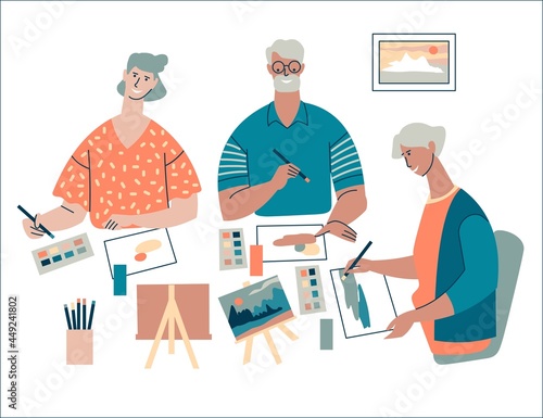 Elderly men and women are engaged in painting in an art class. Happy grandparents spend time together in an art studio. Art class for adults. Flat design. isolated on white background.