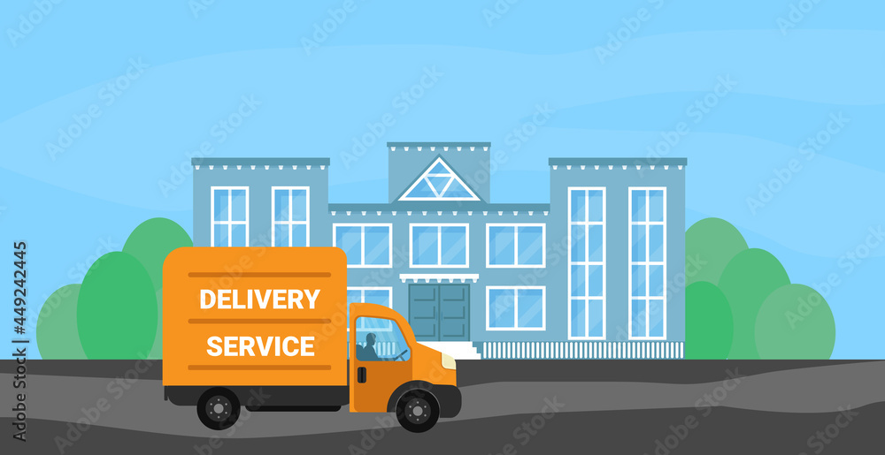 Yellow delivery truck in the city vector illustration. Goods shipping transport. Delivery service concept.