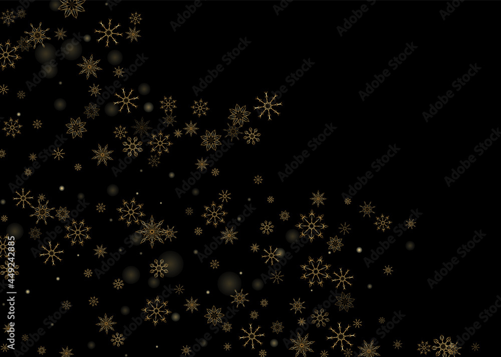 Golden delicate openwork snowflakes scatter on a black background. Festive background, postcard design, wallpaper