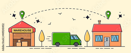 Fast delivery concept. Cargo van carries goods from store to buyer house. Make purchases from home. Free delivery in city. Cartoon modern flat vector illustration isolated on a beige background