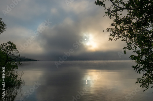 An early morning at Lac de Joux  Switzerland  Beautiful scenery with fog and the rising sun