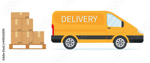Parcel boxes on a wooden pallet and yellow delivery machine. Flat vector illustration