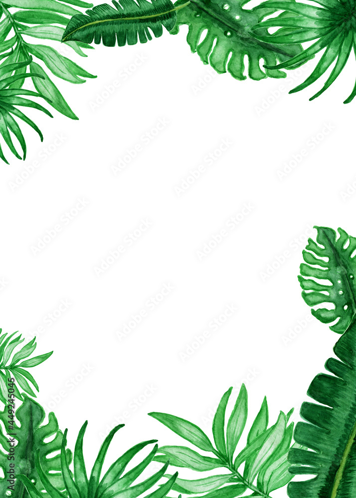 Watercolor tropical frame. Tropical leaves.Background with watercolor tropical plants. banners, cards, greetings, invitations and many others. for invitation and greeting cards.