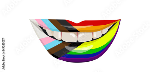 Progress Pride flag on the lips. A woman's smile with white teeth. Vector illustration.