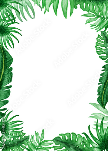 Watercolor tropical frame. Tropical leaves.Background with watercolor tropical plants. banners  cards  greetings  invitations and many others. for invitation and greeting cards.