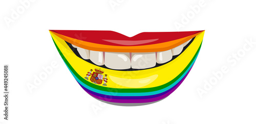 Rainbow LGBT Pride flag of Spain on the lips. A woman's smile with white teeth. Vector illustration