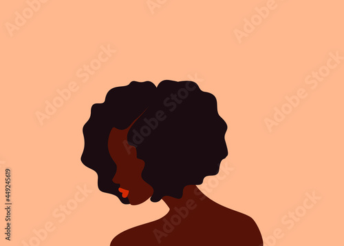 Side view of a beautiful african woman with short curly brown hair and orange lips on a pastel background. Flat vector illustration
