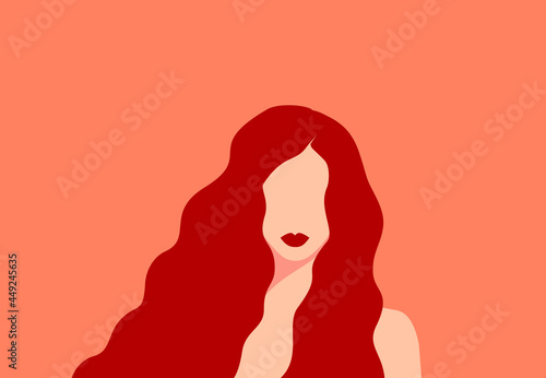 Beautiful сaucasian woman with long wavy red hair and red lips on a pastel background. Flat vector illustration