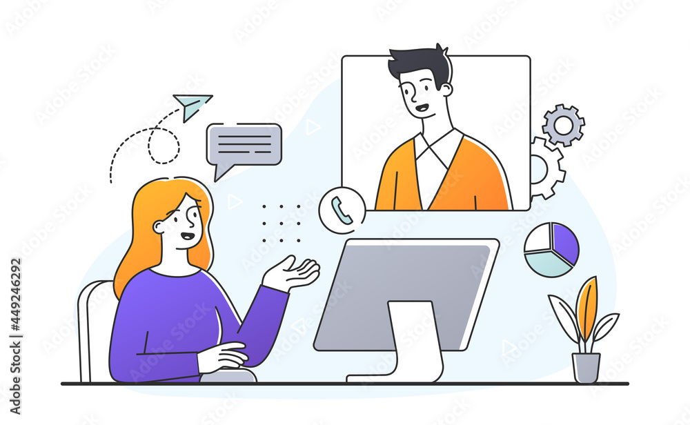 Working in office concept. Professional business woman sitting at workplace and working on computer. Colleagues communicate via video link. Cartoon doodle flat vector illustration on white background Working in office concept. Professional business woman sitting at workplace and working on computer. Colleagues communicate via video link. Cartoon doodle flat vector illustration on white background