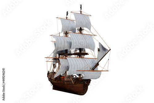 Front perspective 3D illustration of an old wooden pirate sailing ship isolated on a white background. photo