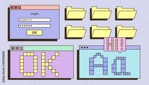Retrowave UI and UX elements. Window for dialog, download, and logging in with password and login. Folders for files, pixel letters. Flat pop art vector illustration set isolated on colored background