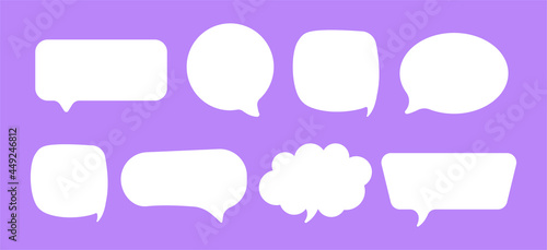 Set of speak bubble. Simple design elements for text of various shapes. Balloon in form of square, circle, rectangle and cloud. Sticker for web and app. Flat vector set isolated on purple background